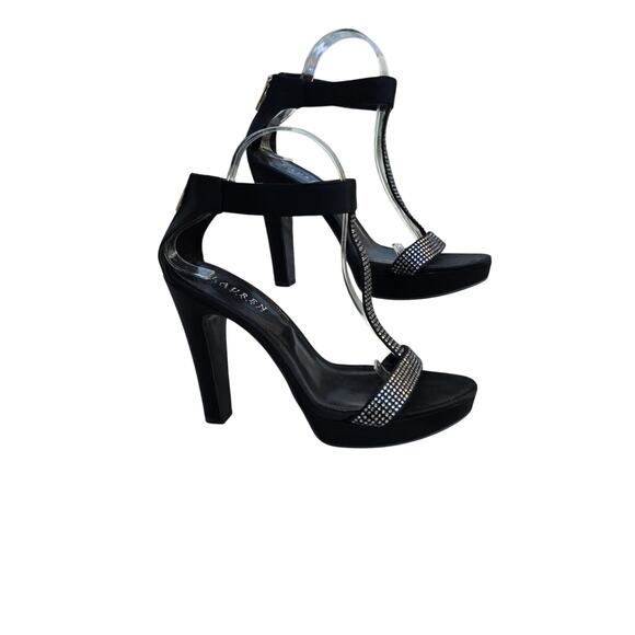 Lauren Ralph Lauren Satin Rinestone Platform Ankle Strap Heels 9 Black - Picture 1 of 11